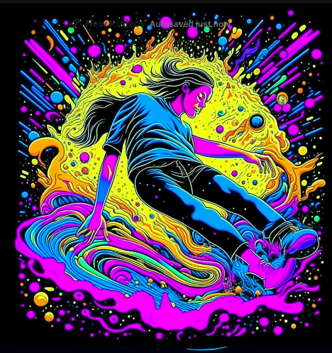 An individual suspended in a vibrant and psychedelic dreamscape, captured mid-fall amidst a kaleidoscope of swirling colors. The person is depicted in a dynamic descent, surrounded by a surreal blend of vivid hues, creating an otherworldly and mesmerizing visual experience.”